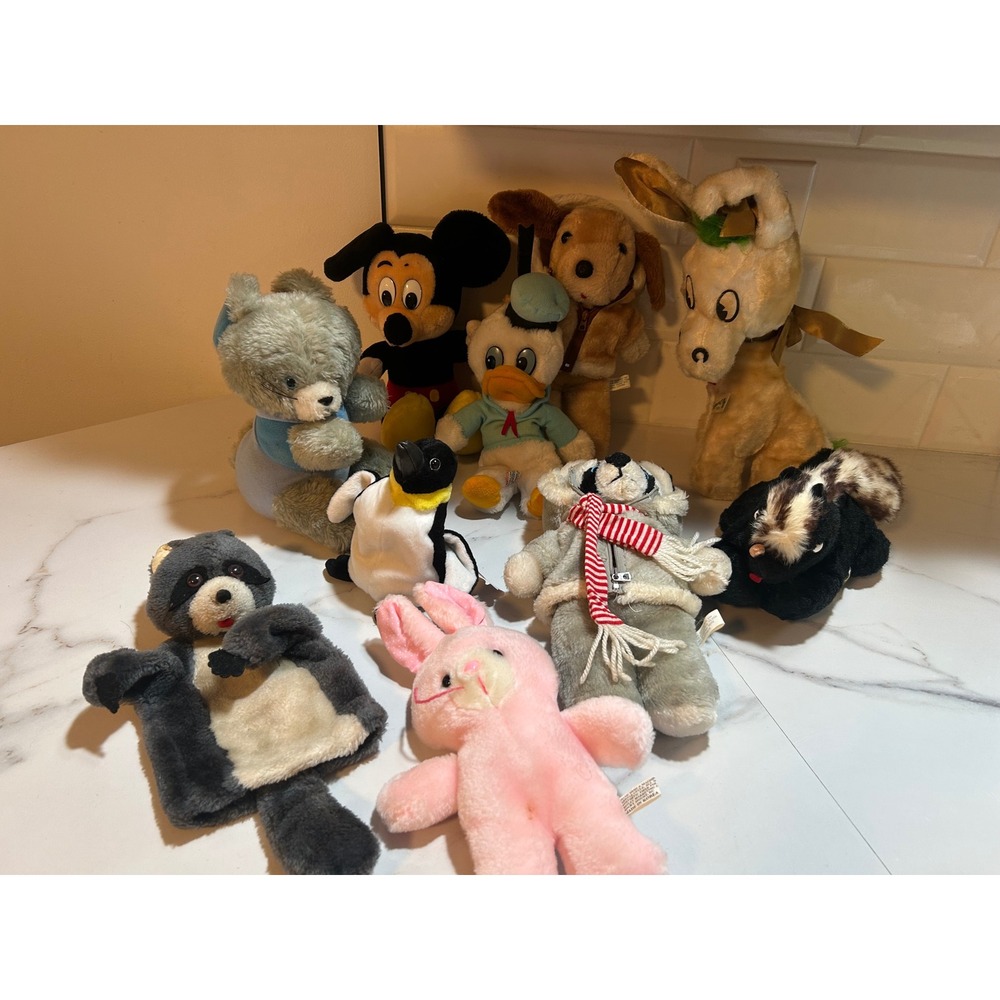 Vintage Mixed Plush Lot Mickey Mouse Donald Duck Raccoon Puppet Penguin Skunk